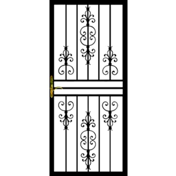Grisham 36 in. x 80 in. 108 Series Black Hinge Right Flower Security Door with Self-Storing Glass Feature