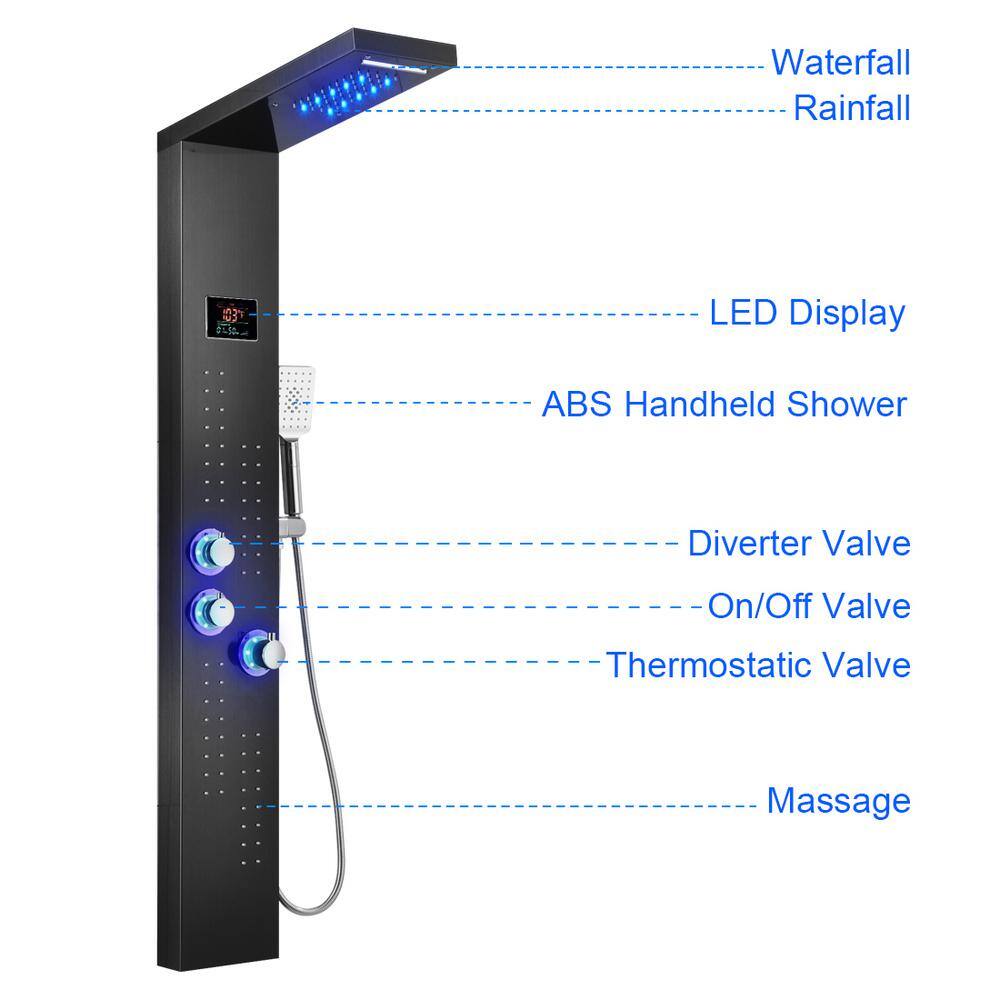 55-Inch Brushed Black LED Stainless Steel Shower Panel System