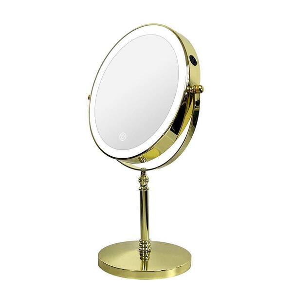 Unbranded 8 in. W x 8 in. H Round Framed Dimmable LED Lighted Makeup Double Sided Tabletop Vanity Mirror in Gold