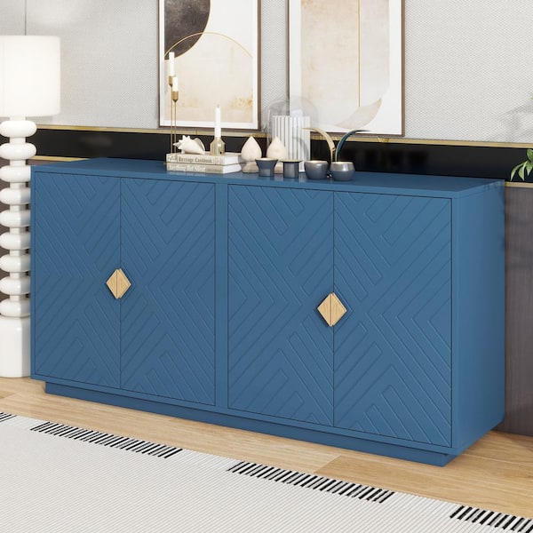 Harper & Bright Designs Light Luxury Navy Blue MDF 60 in. Sideboard with Adjustable Shelves, Gold Triangular Handles