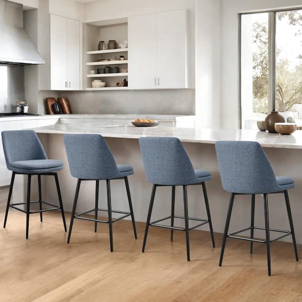 27 in. Cecily Blue High Back Metal Swivel Counter Stool with Fabric Seat (Set of 3)