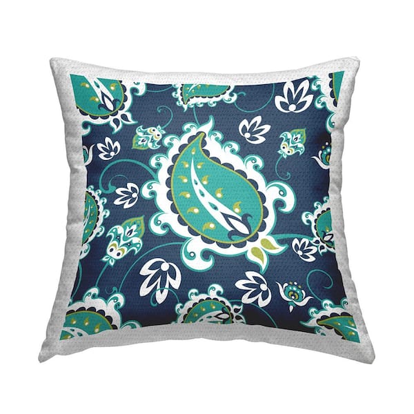 Stupell Industries Green Floral Paisley Pattern Blue Square Outdoor Throw Pillow