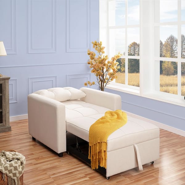 MAYKOOSH 38 in. Cream Tufted Linen Twin Size Sofa Bed with Metal Frame, Perfect for Living Rooms and Guest Rooms