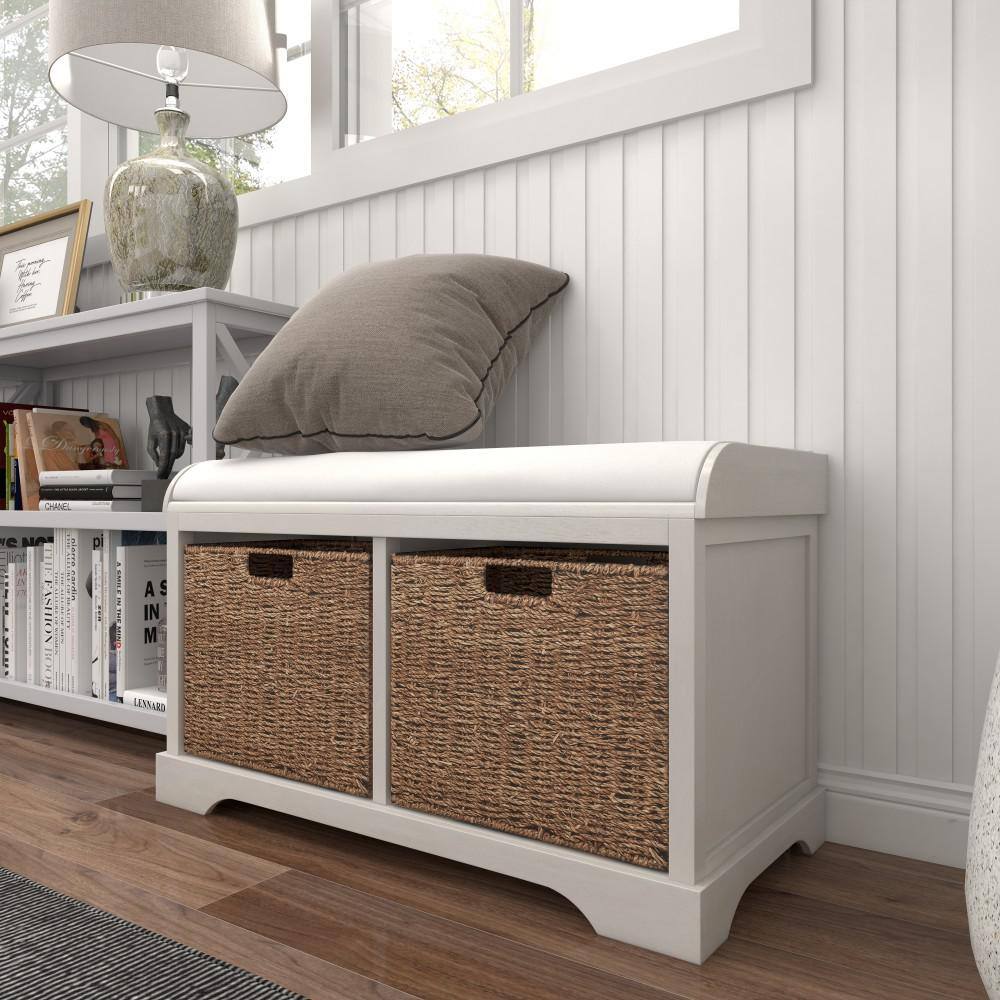 Elegant White Linen Cushioned Storage Bench with Wicker Baskets
