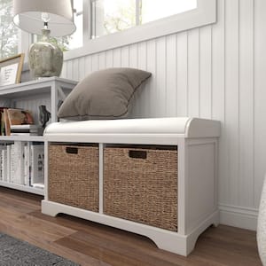 Antique White 2-Drawer Cushioned Storage Bench