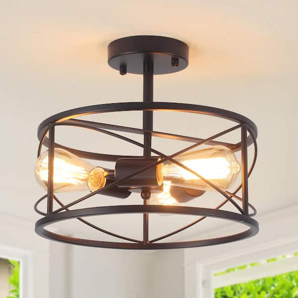 12.6 in. 3-Light Industrial Black Semi-Flush Mount Ceiling Light Fixtures with Metal Cage Shade(Bulbs Not Included)