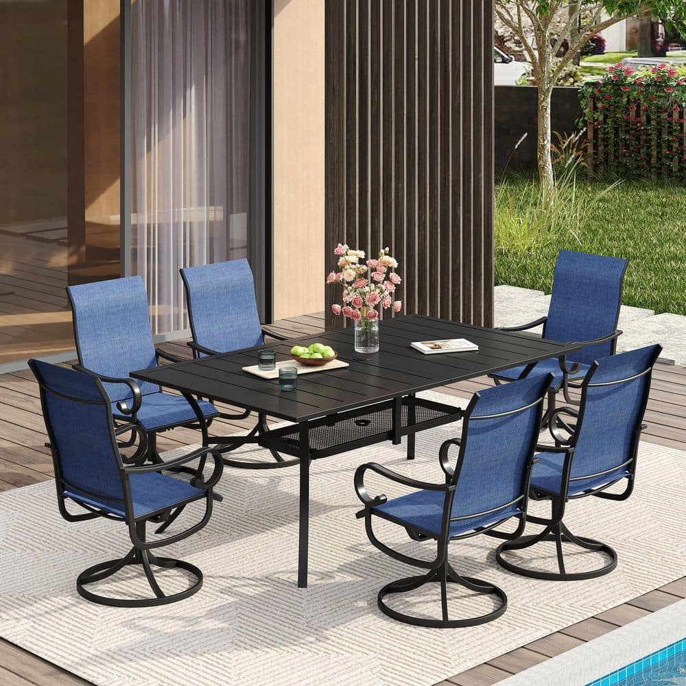 7-Piece Patio Dining Set with 59.2 in. x 37.8 in. Black Metal Rectangular Table and 6-Blue Textilene Swivel Chairs price history on PriceWatchPro