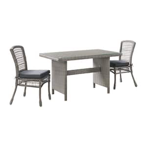 Asti 3-Piece All-Weather Wicker Outdoor Dining Set with Table with Glass Top and 2 Dining Chairs with Gray Cushions