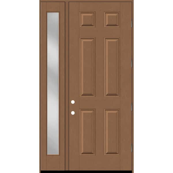 Steves & Sons Regency 53 in. x 96 in. 6-Panel LHOS Autumn Wheat Stain Mahogany Fiberglass Prehung Front Door w/ Clear 14 in. SL 4-9/16