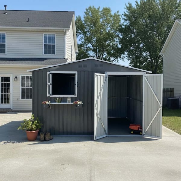 Tenleaf 10 ft. W x 8 ft. D Gray Metal Shed with Window & Flower