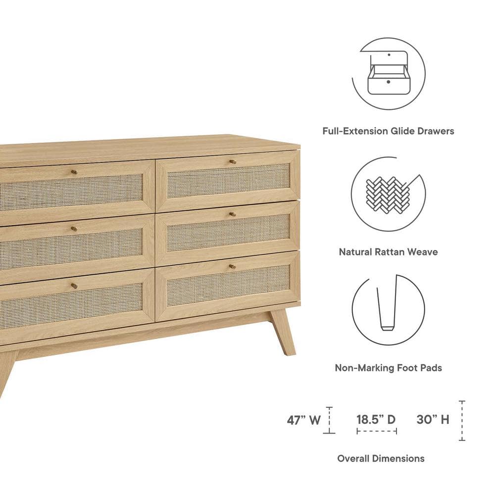 Soma 6-Drawer Double Dresser with Rattan Weave - Oak