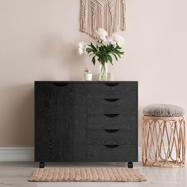HOMESTOCK 5-Drawer Distressed Black Wood 30.7 in. W Storage Dresser Vertical Cabinet with Shelves, Makeup-Drawer File Cabinet