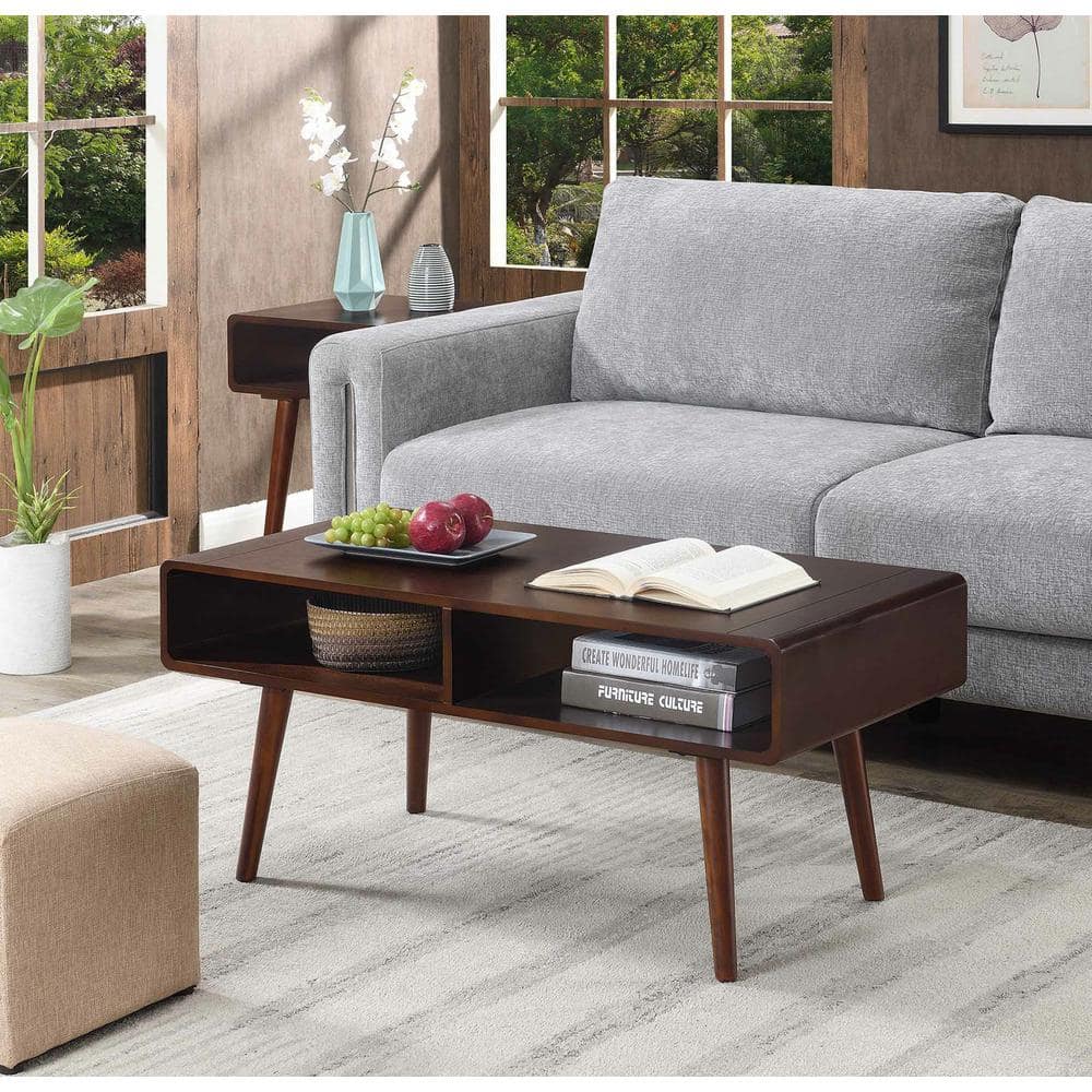 Mid-Century Modern Espresso Rectangular Coffee Table with Open Cubbies