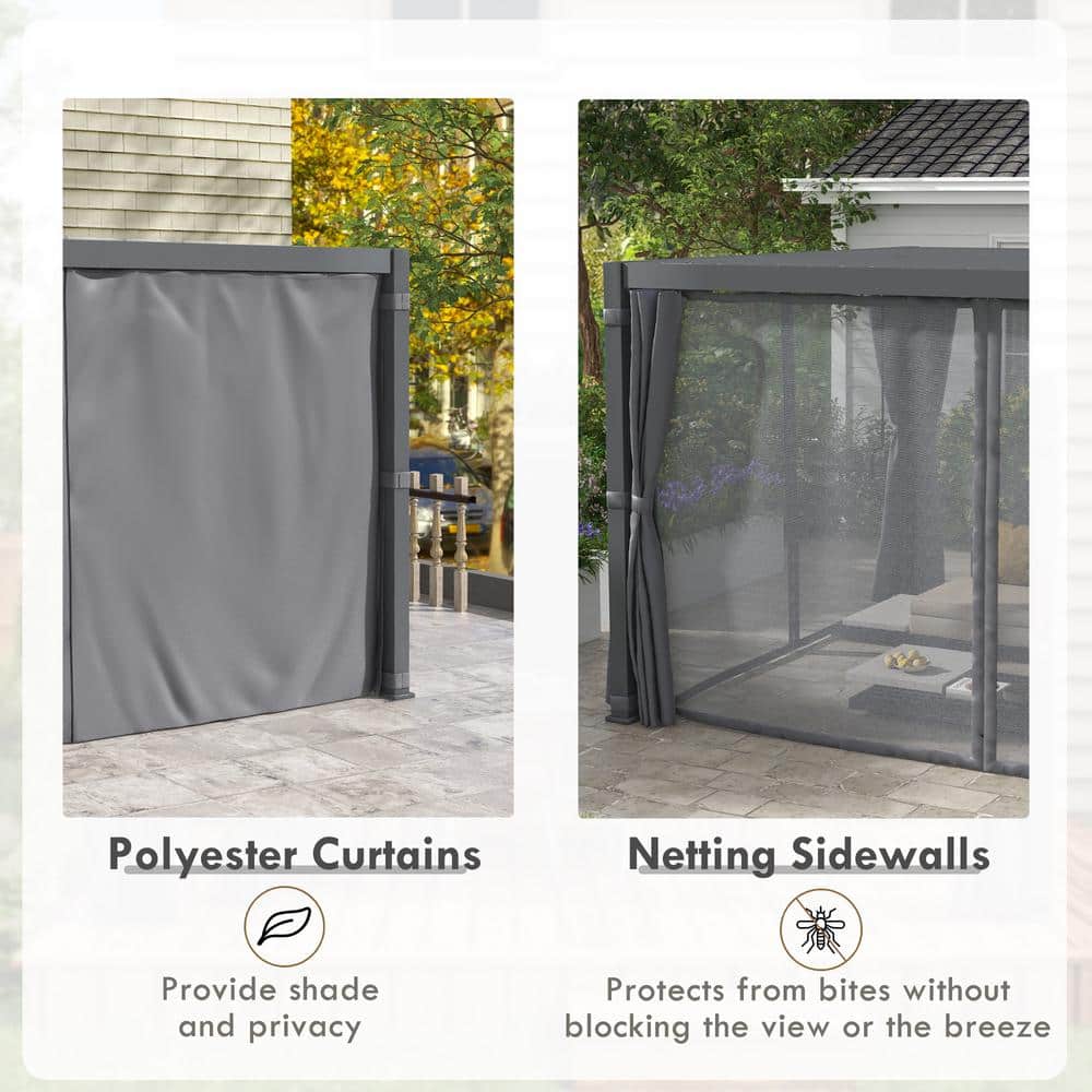 Dark Gray Aluminum Pergola with Adjustable Louvered Roof and Curtains