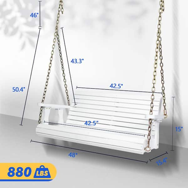 VINGLI 4 ft. White Wood Patio Porch Swing with Adjustable Chains