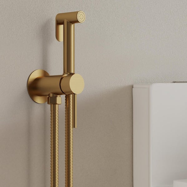 1-Handle Bidet Faucet Hot and Cold with Wall Mount Holder Solid Brass Body in Brushed Gold