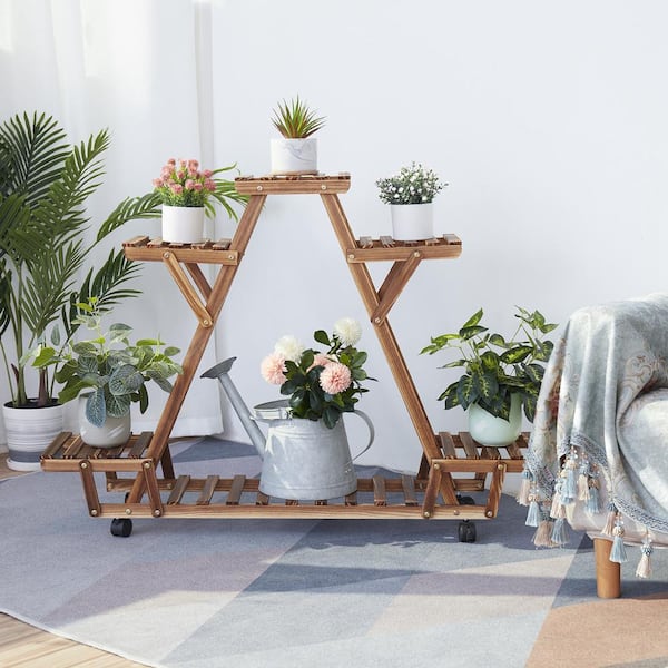 AESOME 4-Tier Triangular Plant Stand with Wheels 32 in. Wood Shelf