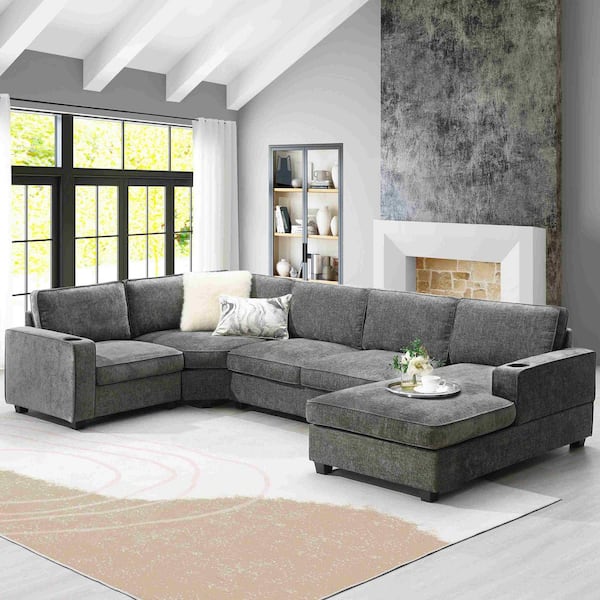 119 in. Square Arm Chenille Sectional Sofa with Irregular Corner, Cup Holders in. Gray