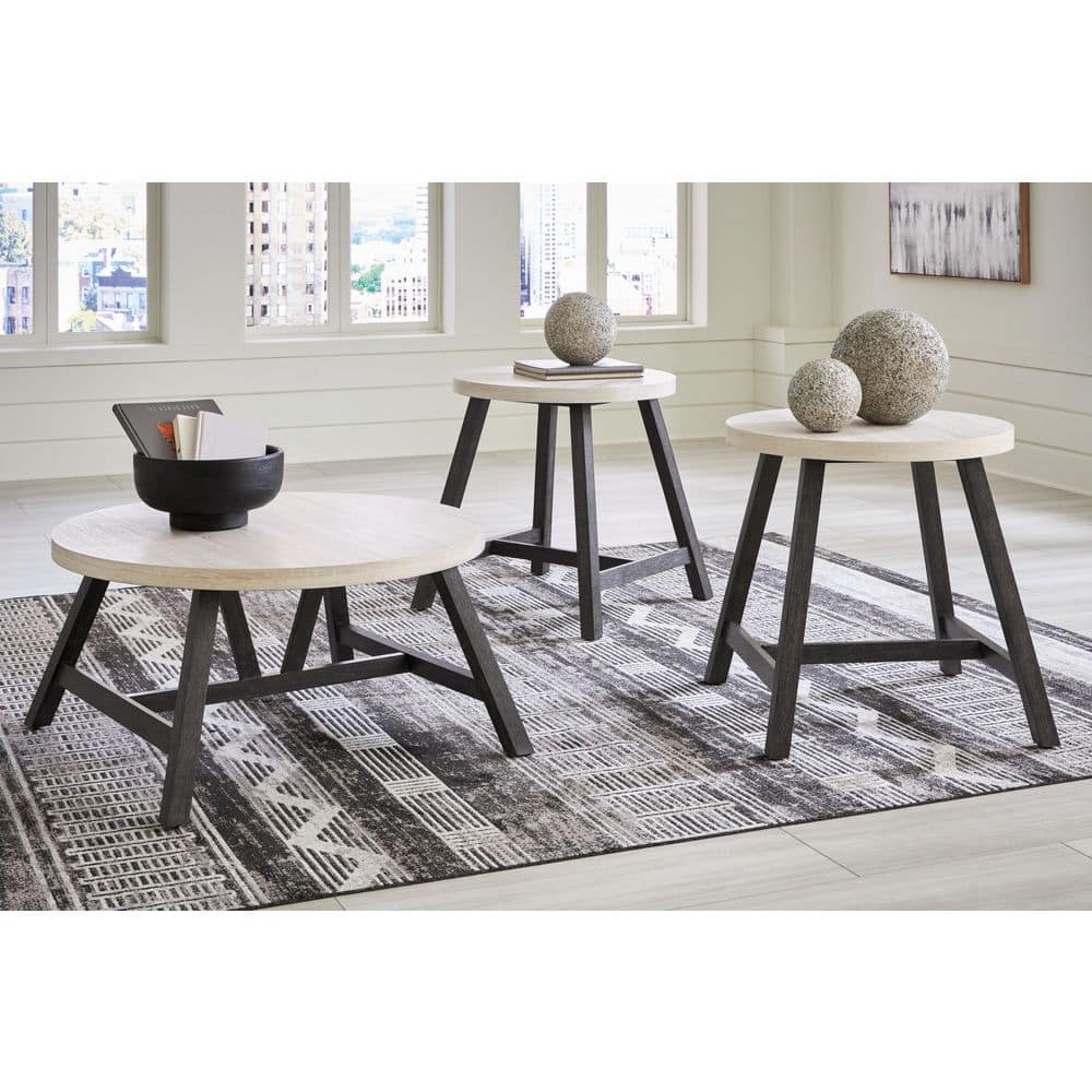 Modern Black and White Round Table Set with Wood Grain
