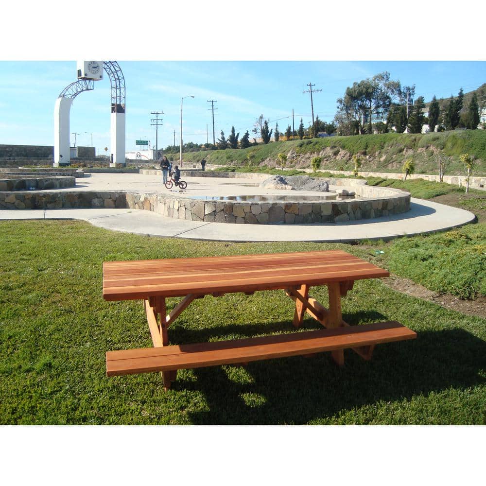 96" Medium Brown Redwood Picnic Table with Attached Benches