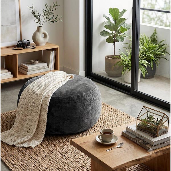 3 ft. Dark Grey Flannel Bean Bag Chair with Memory Foam Filling and Removable Cover