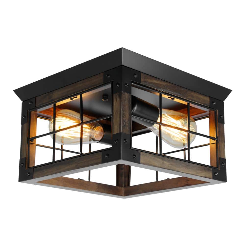 2-Light Rustic Wood and Black Metal Rectangular Flush Mount Ceiling Light for Bedroom price history on PriceWatchPro