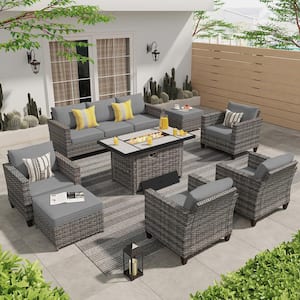 Milan Gray 8-Piece Wicker Outdoor Patio Rectangular Fire Pit Seating Sofa Set and with Dark Gray Cushions