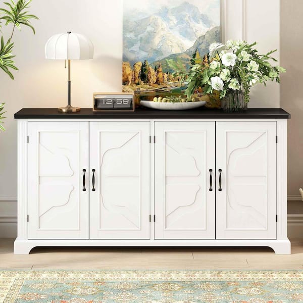 Black White Wood 62.8 in. Sideboards with Pine Doors and Legs, 4-Metal Handles