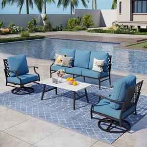 Metal 5 Seat 4-Piece Steel Outdoor Patio Conversation Set with Denim Blue Cushions, Swivel Chairs, Marble Pattern Table