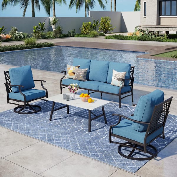 PHI VILLA Metal 5 Seat 4-Piece Steel Outdoor Patio Conversation Set with Denim Blue Cushions, Swivel Chairs, Marble Pattern Table