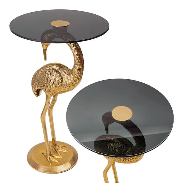 Blanche 16 in. Classic Mid-Century Round Glass Top Flamingo End Table, Gold