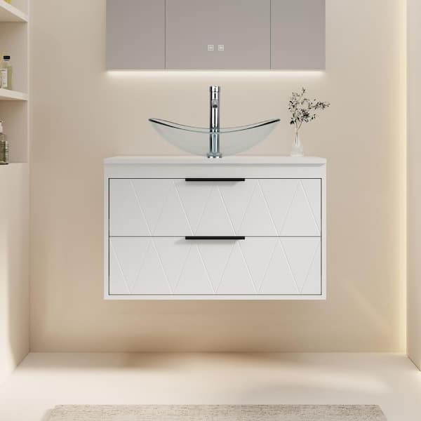30 in. W x 20.5 in. D x 18.7 in. H Single Sink Floating Bath Vanity in White with Oval Clear Glass Vessel Sink Top