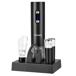 Black Rechargeable Electric Wine Bottle Opener Set with Base, Wine Stoppers and Foil Cutter, 2-in-1 Aerator and Pourer