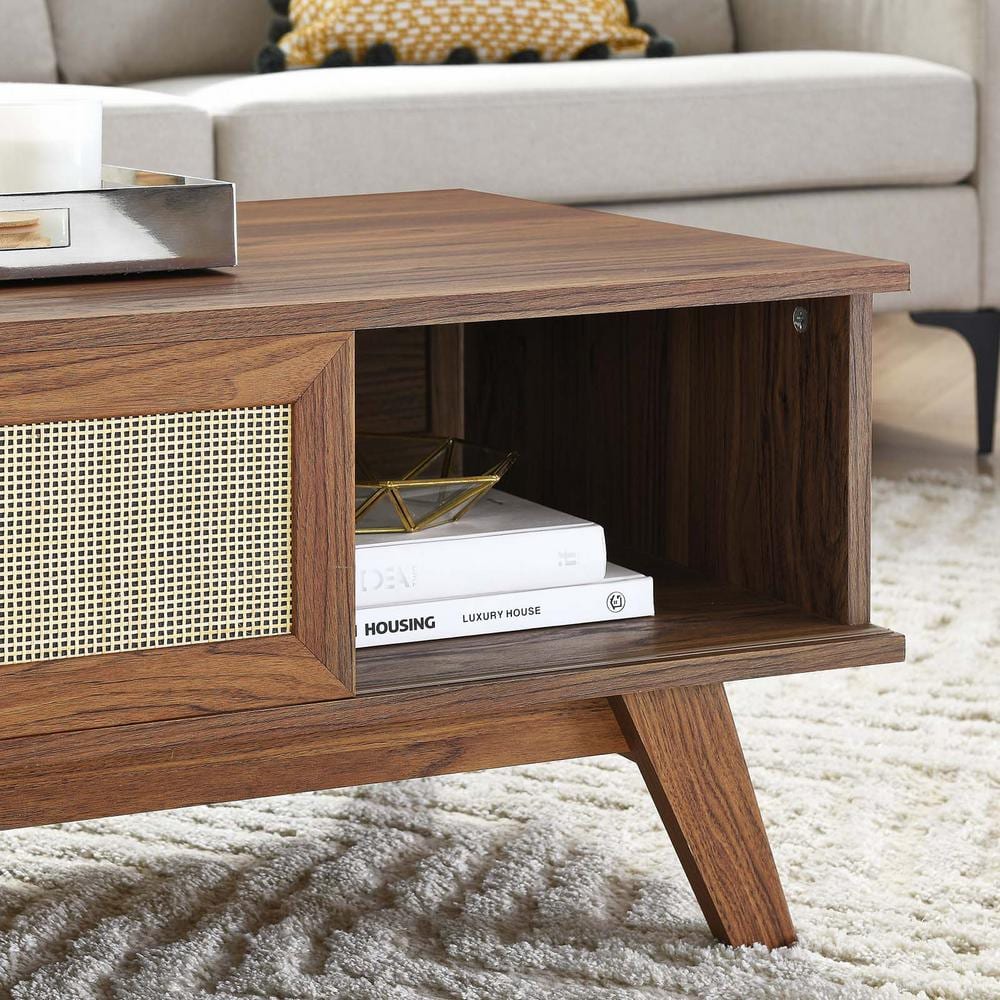 Walnut Rectangular Wood Coffee Table with Storage