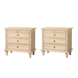 Julia Natural 3-Drawer Traditional Style Nightstand with Built-In Outlets Set of 2