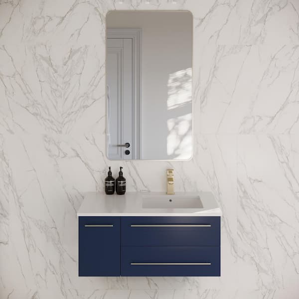 Lucera 36 in. Single Sink Wall Mount Royal Blue Bath Vanity with White Quartz Top and Undermount Sink - Right Version