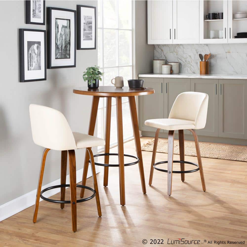Cream Faux Leather Swivel Counter Stools with Walnut Wood and Black Metal Footrest, Set of 2