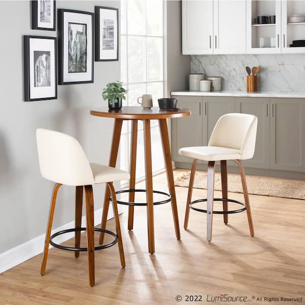 Toriano 35 in. Cream Faux Leather and Walnut Wood-Counter Height Bar Stool with Round Black Footrest (Set of 2)
