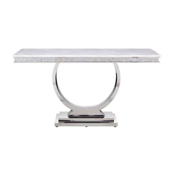 Benjara 24 in. White and Silver Rectangle Marble End Table with Metal Frame