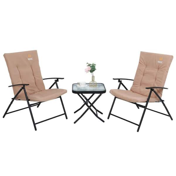 3-Piece Outdoor Dining Set, Power-Coated Metal Frame, Outdoor Bistro Set, with Cushioned Chairs Tempered-Glass Table