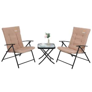 3-Piece Outdoor Dining Set, Power-Coated Metal Frame, Outdoor Bistro Set, with Cushioned Chairs Tempered-Glass Table