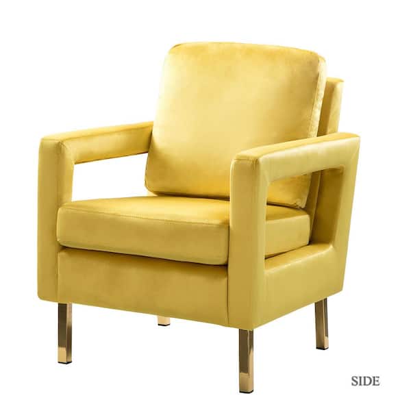 JAYDEN CREATION Anika Modern Yellow Comfy Velvet Arm Chair with Stainless Steel Legs and Square Open-framed Arm