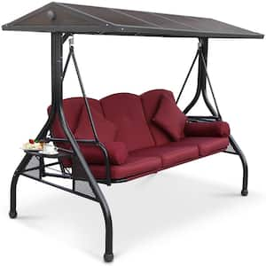 Residential Wine Red Metal Outdoor Porch Patio Swings with Adjustable PC Canopy, 3-Cushions, 2-Cup Holders and 4-Pillows