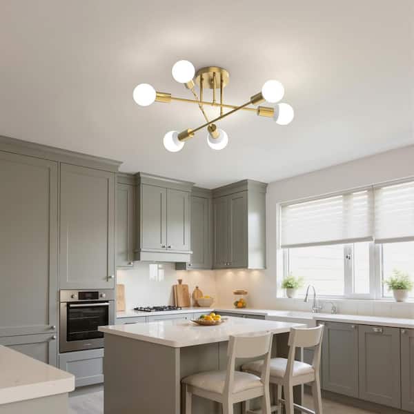 16 in. 6-Light Gold Sputnik Modern Linear Semi Flush Mount Ceiling Light Fixture for Dining Room, Kitchen, Bedroom