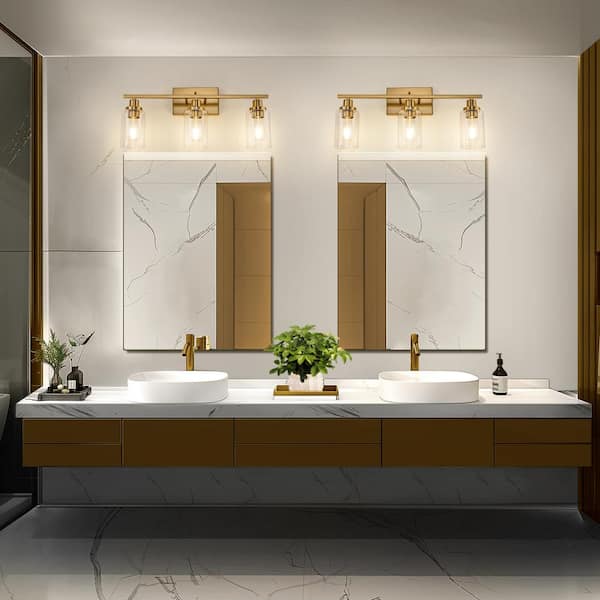 24 in. 3-Light Industrial Gold Vanity Light Fixtures for Bathroom with Clear Glass Shades