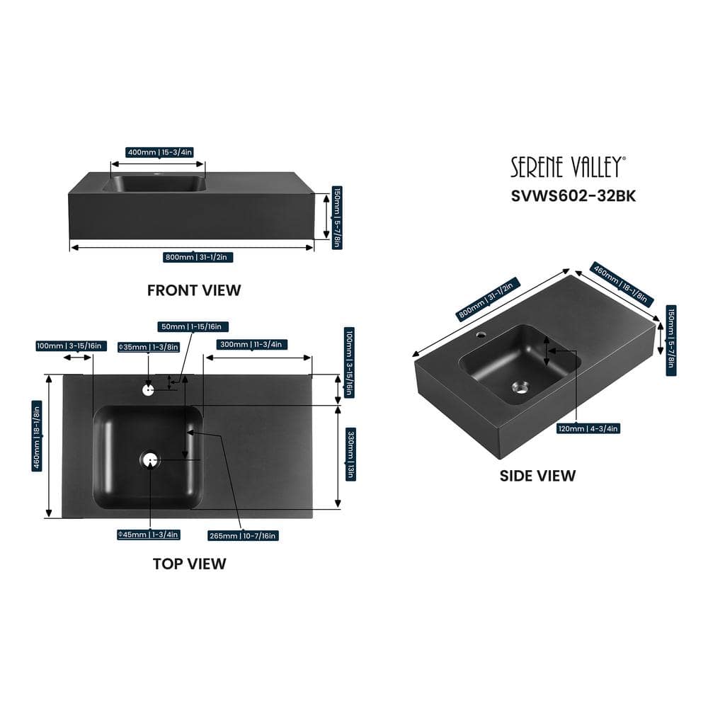 Matte Black Granite Wall-Mount Rectangular Bathroom Sink