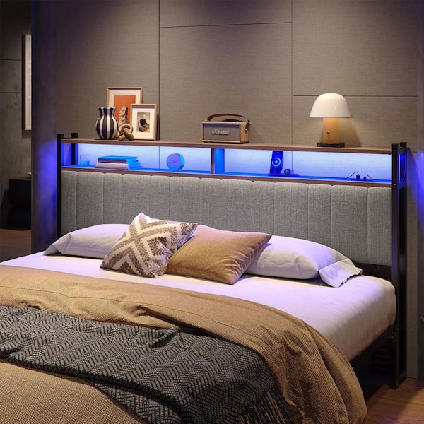 Gray King Linen Upholstered Storage Headboard LED Headboard with Charging Station
