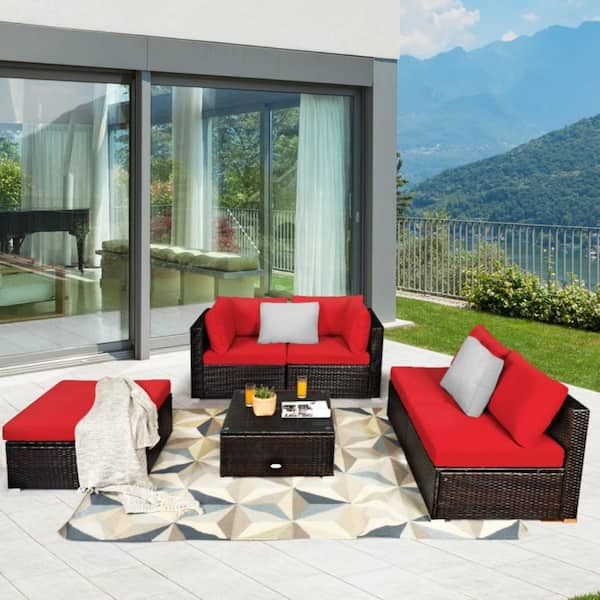 6-Piece Brown Wicker Outdoor Sectional Set with Red Cushions
