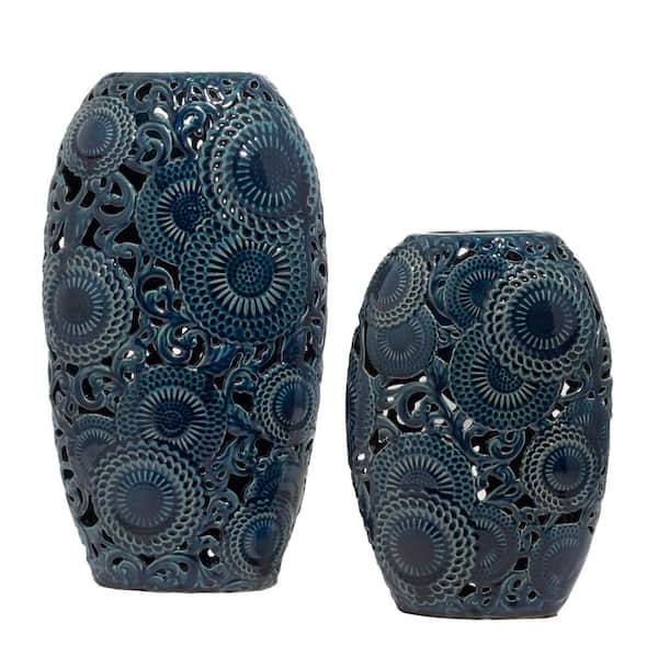 18 in., 13 in. Blue Ceramic Floral Decorative Vase with Cut Out Patterns (Set of 2)