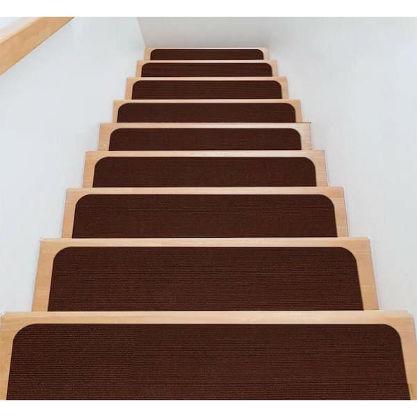 Self-Adhesive Non-Slip Dark Coffee 8 in. x 30 in. Polyester TPR Backing Indoor Outdoor Stair Tread Cover (Set of 4)
